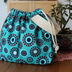 Drawstring Knitting Project Bag – Blue Teal Circles –