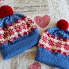 Easy Fair Isle Baby Hat blue red white baby hat with pom pom