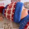 Easy Fair Isle Baby Hat blue red white baby hat with pom pom