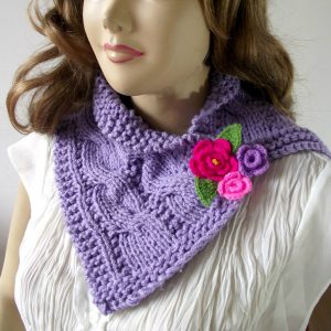 cables cowl knitting pattern with crochet flowers